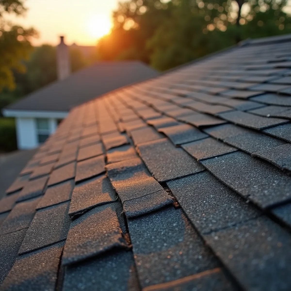 Hail-damaged asphalt shingle roof before replacement in Fort Worth, TX
