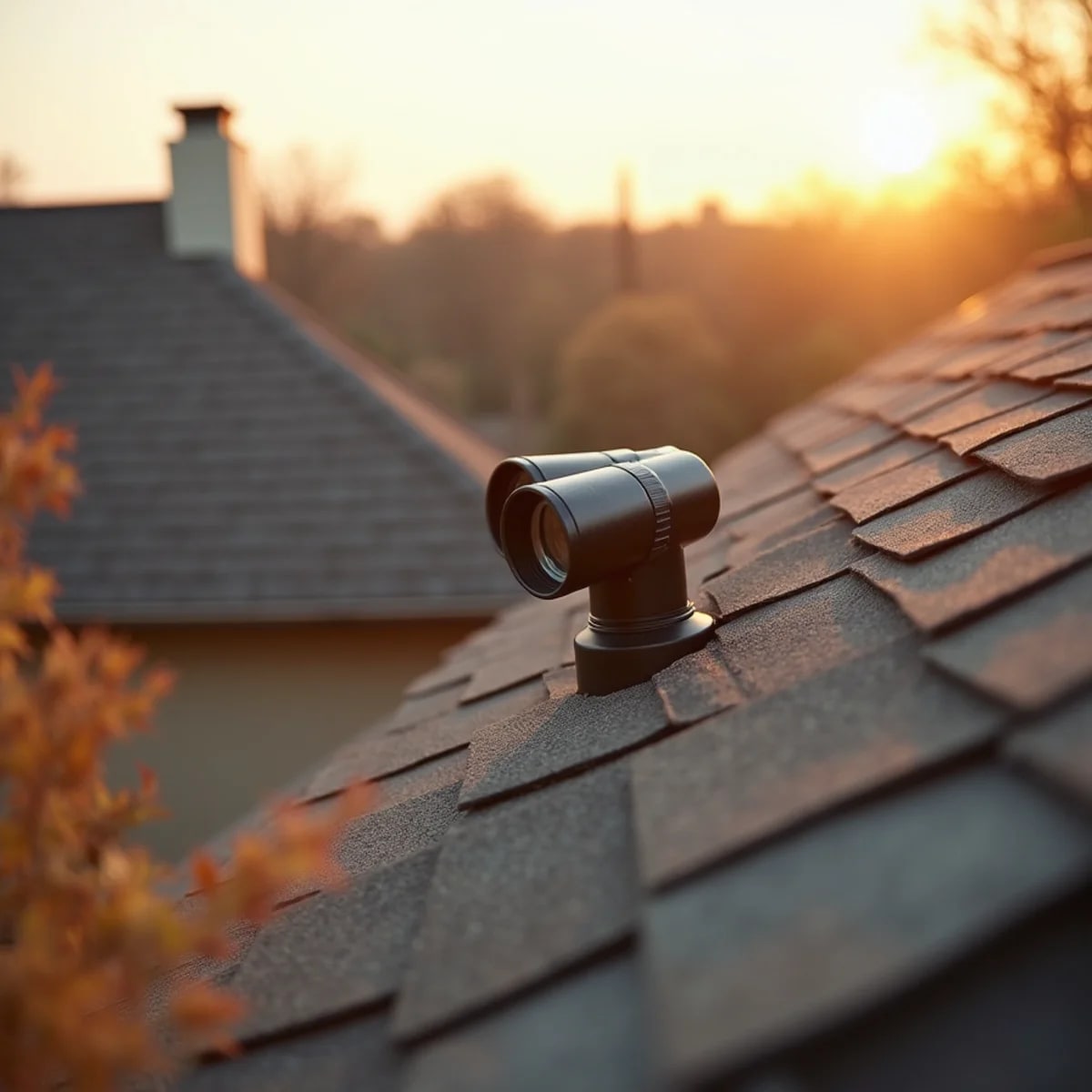 Homeowner with binoculars checking their shingle roof from the yard
