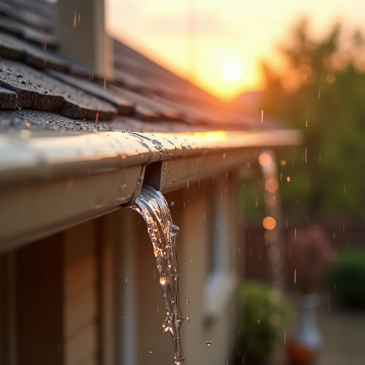 Rainwater flowing through new seamless gutters on a Texas home