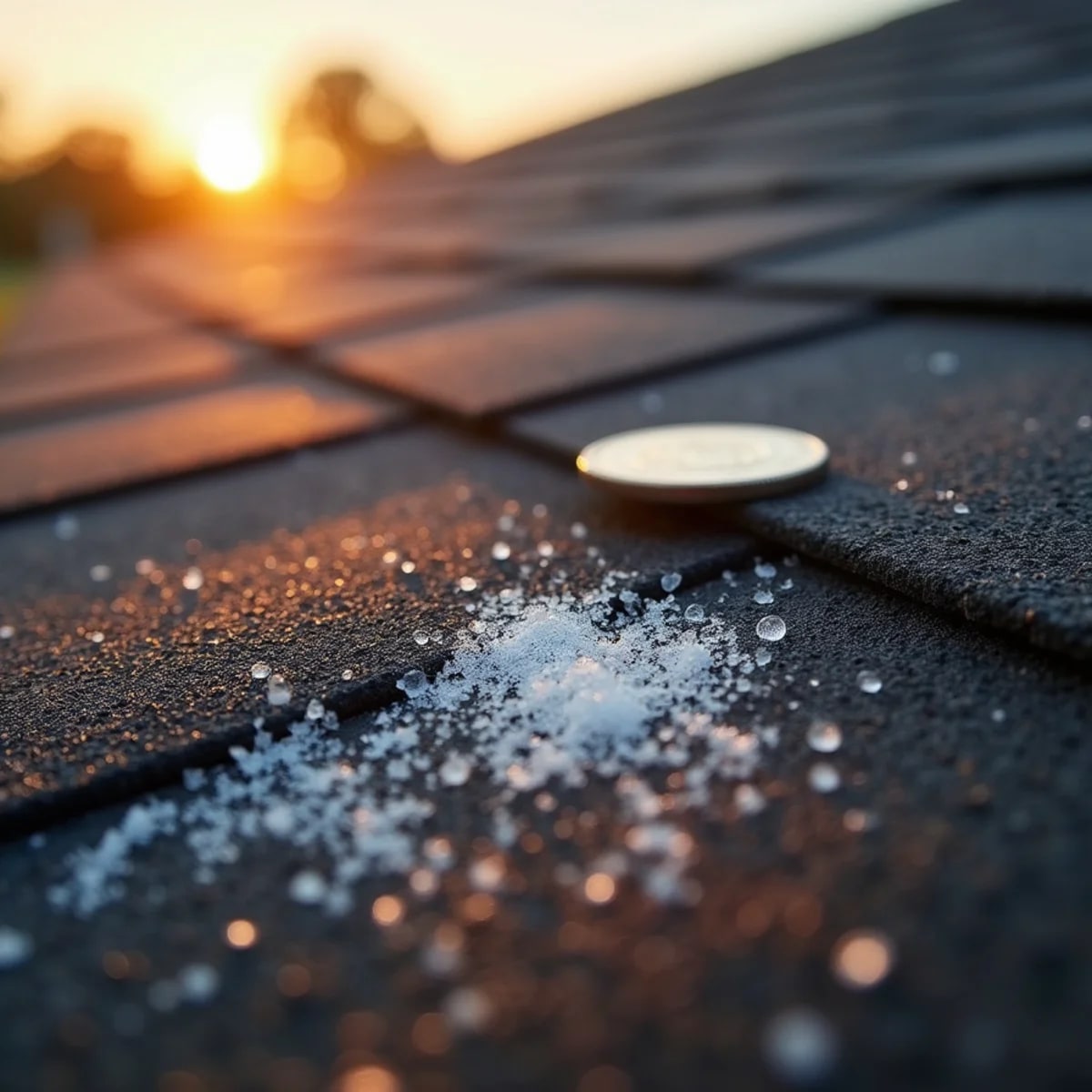 Close-up of hail bruise marks on asphalt shingles with a quarter for scale