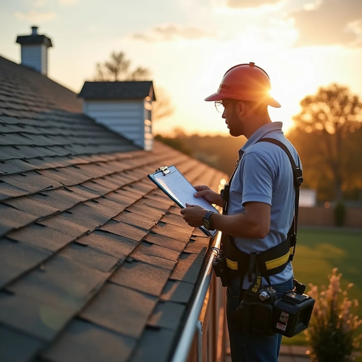 Roof inspector photographing storm damage for an insurance claim in Texas