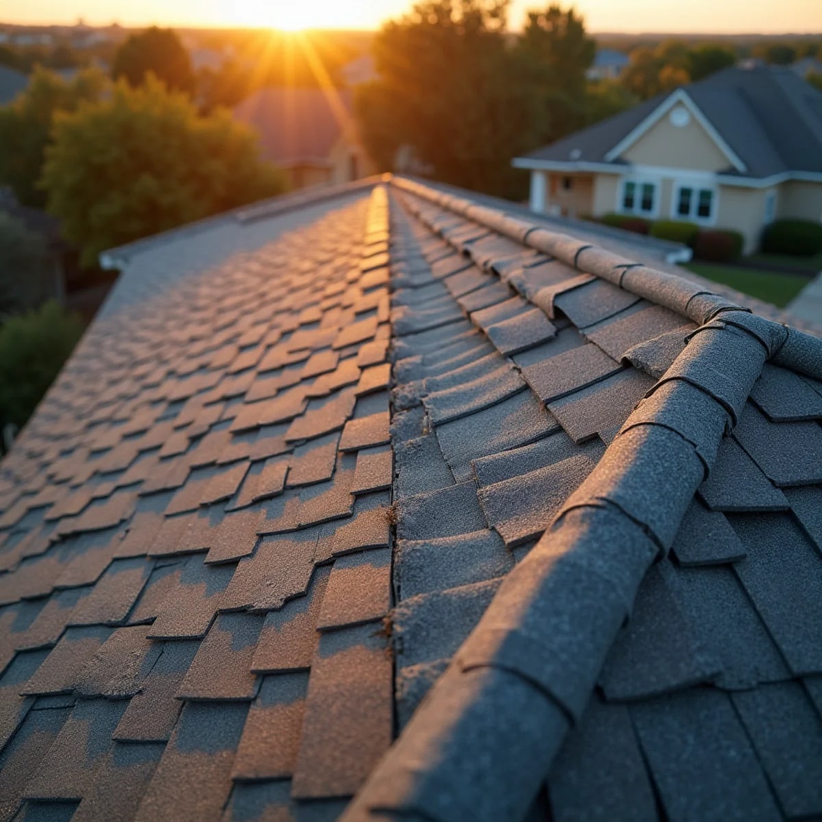 Side-by-side aging worn roof versus new roof on Texas homes
