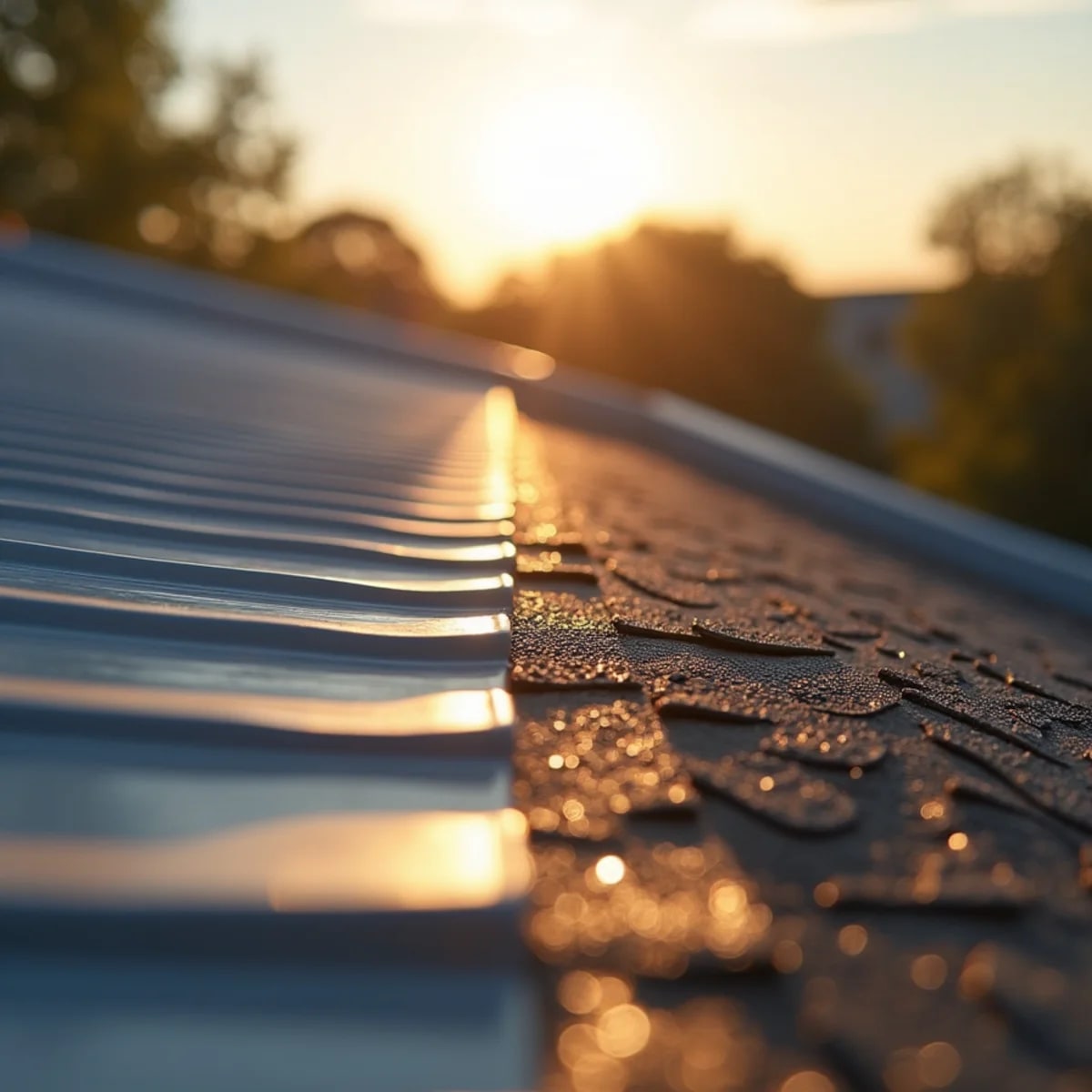 Standing seam metal roof next to asphalt shingle roof in Texas heat
