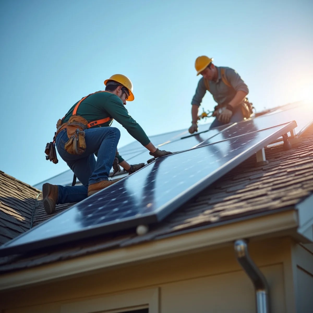 Roofers installing shingles and solar panels together on a Texas home