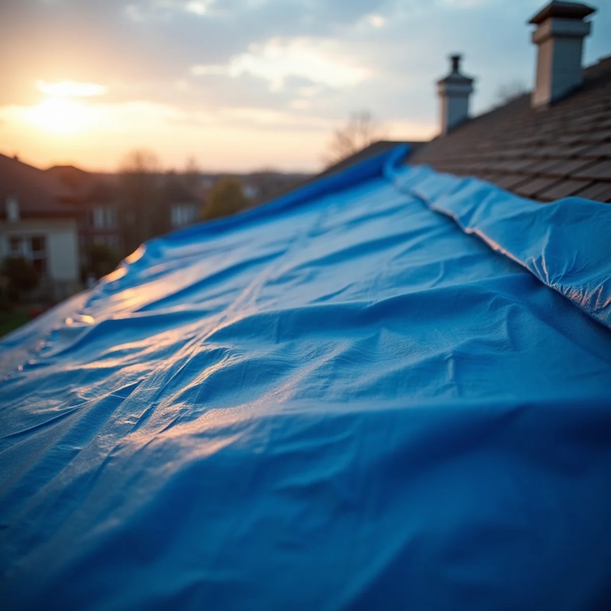 Blue emergency tarp secured over storm-damaged roof in Fort Worth