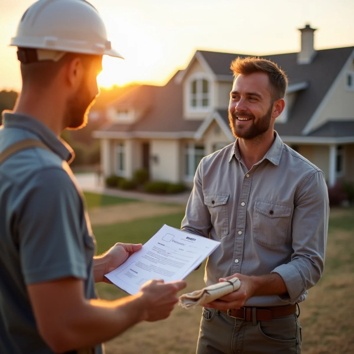 Roofer handing warranty documents to a smiling Texas homeowner