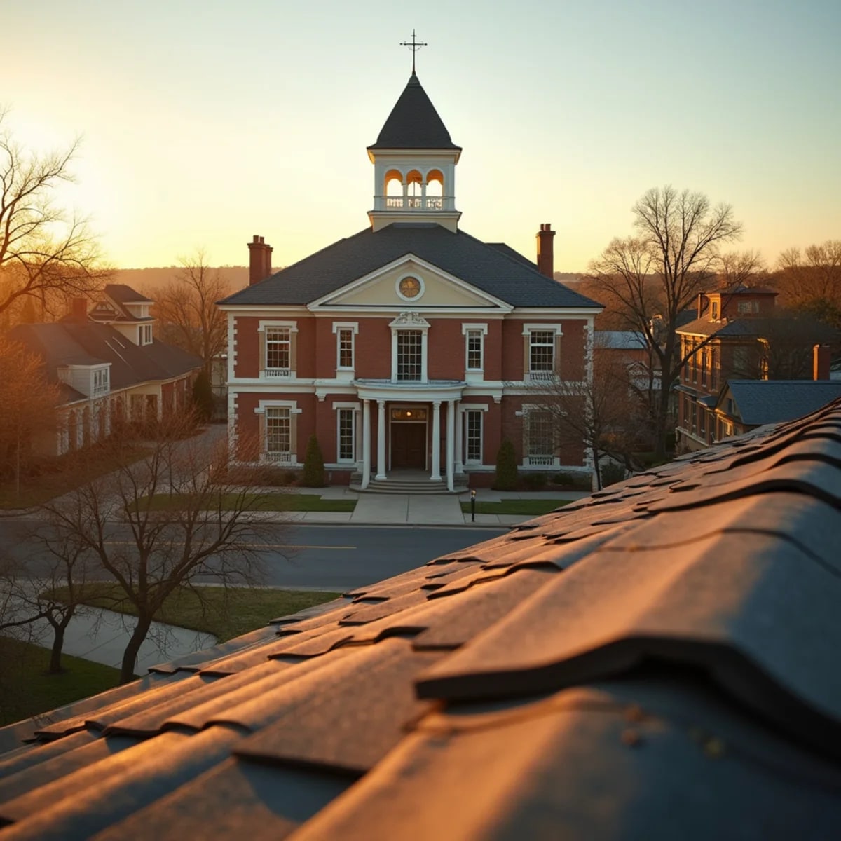 Historic downtown square and established homes with shingle roofs in Cleburne, Texas