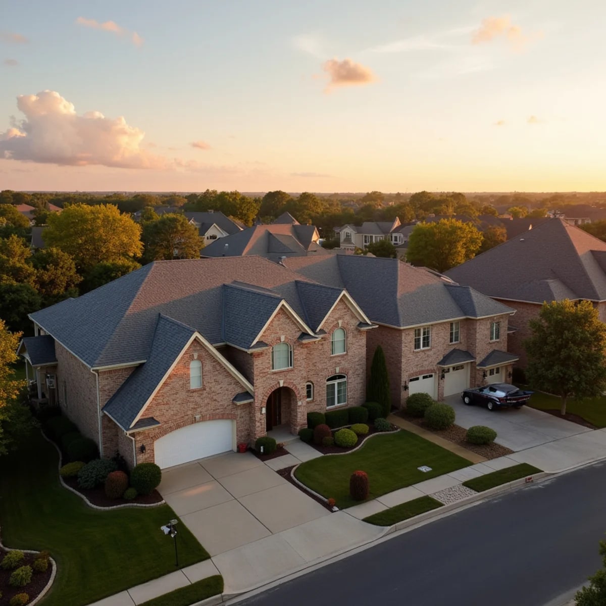 Established 1990s brick homes with shingle roofs in Coppell Texas