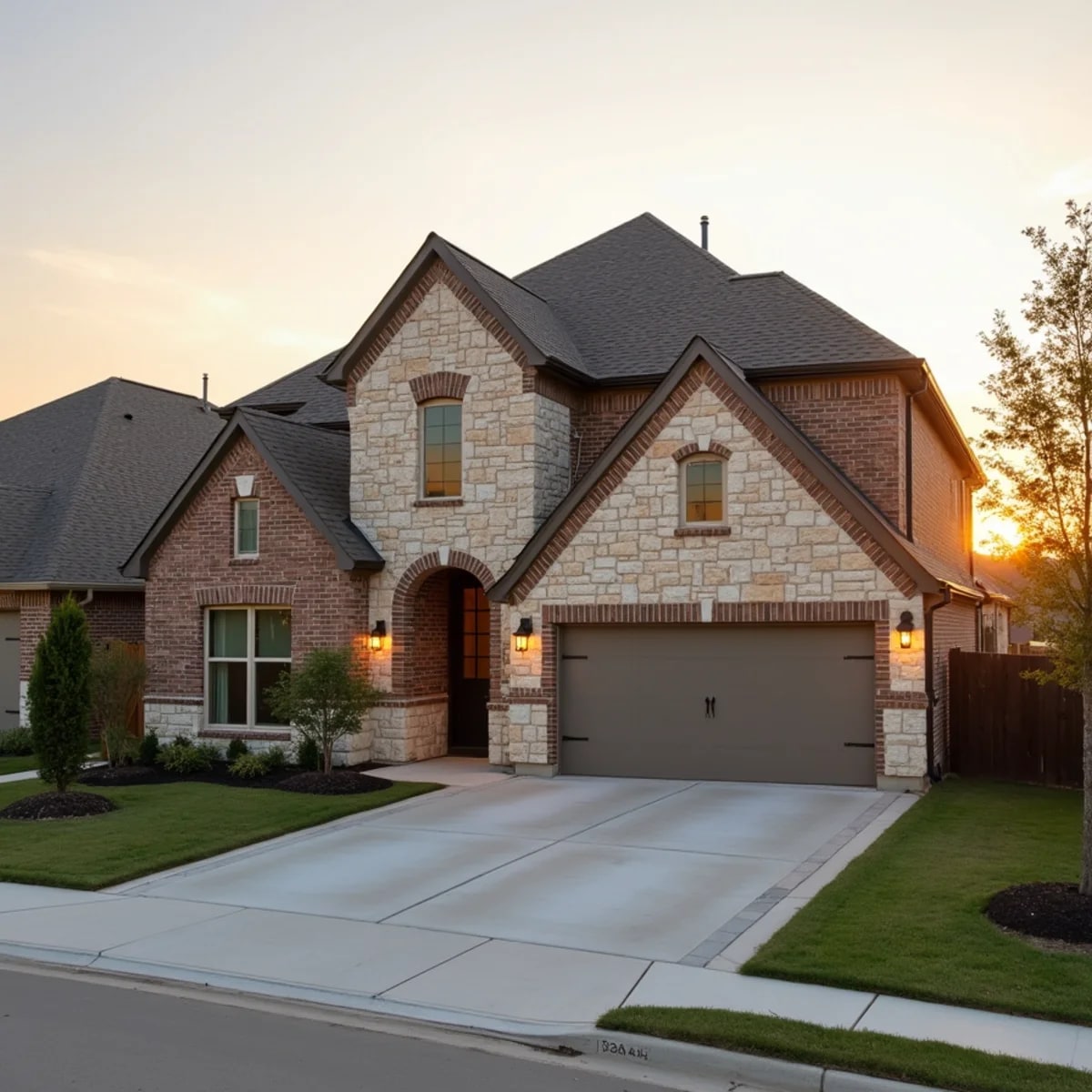 Newly built suburban homes with builder-grade shingle roofs in Frisco Texas