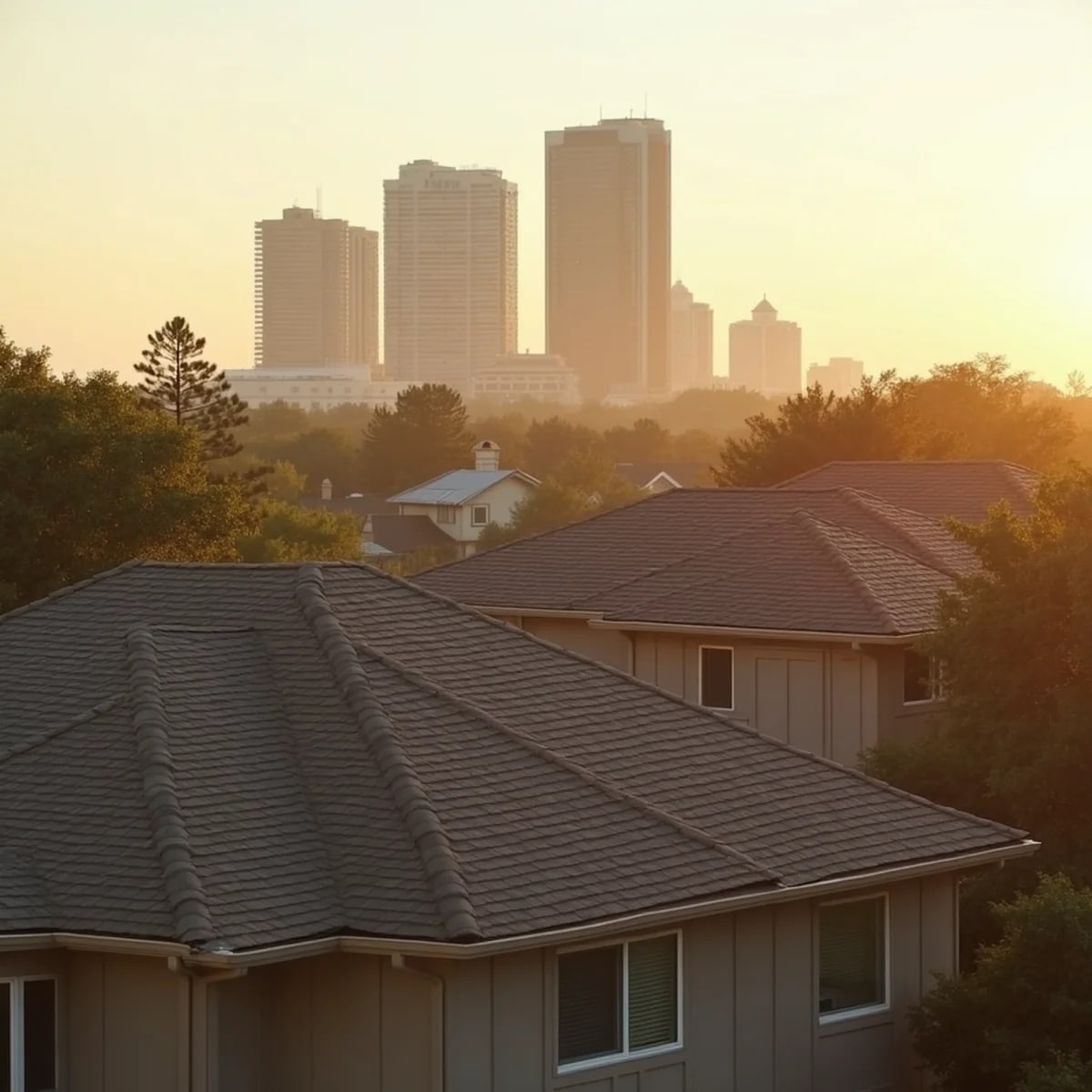 Las Colinas towers behind established Irving Texas neighborhoods with shingle roofs