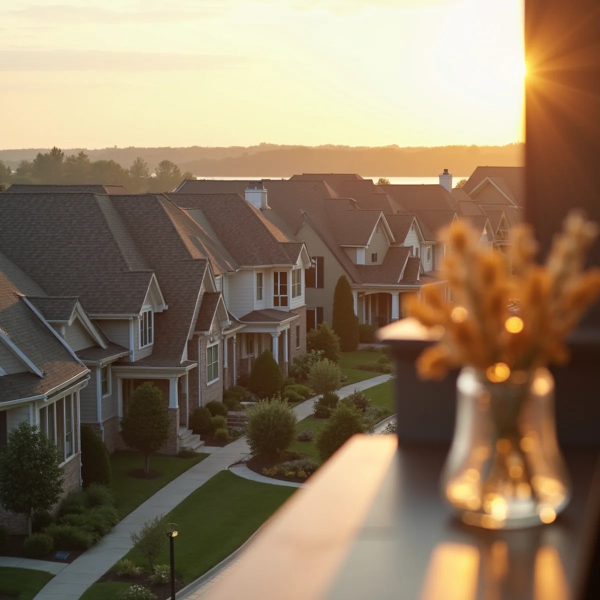 Lakeside peninsula homes with shingle roofs near Lewisville Lake in Little Elm Texas