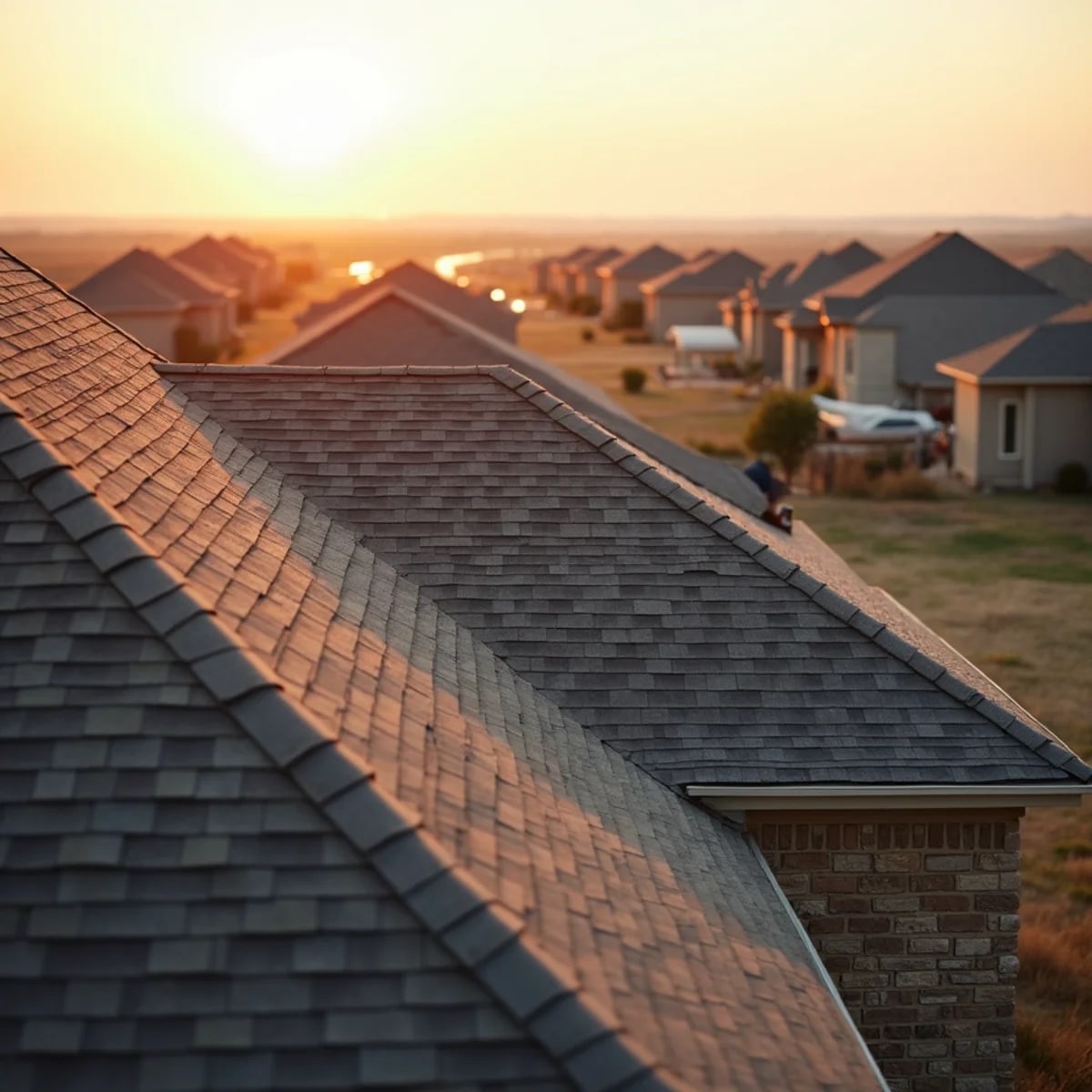 New-build homes with fresh shingle roofs on open prairie in Melissa Texas