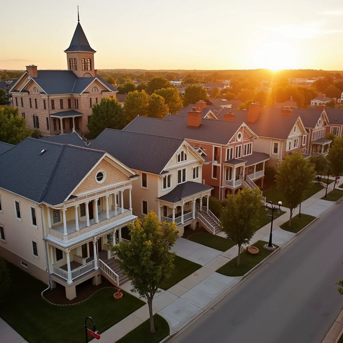 Historic gingerbread Victorian homes near the courthouse in Waxahachie, Texas