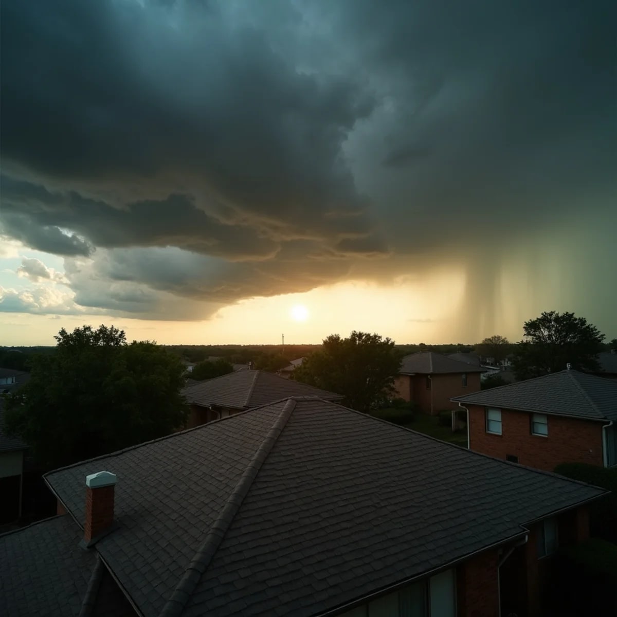 Dark storm clouds and hail over Fort Worth Texas neighborhood rooftops