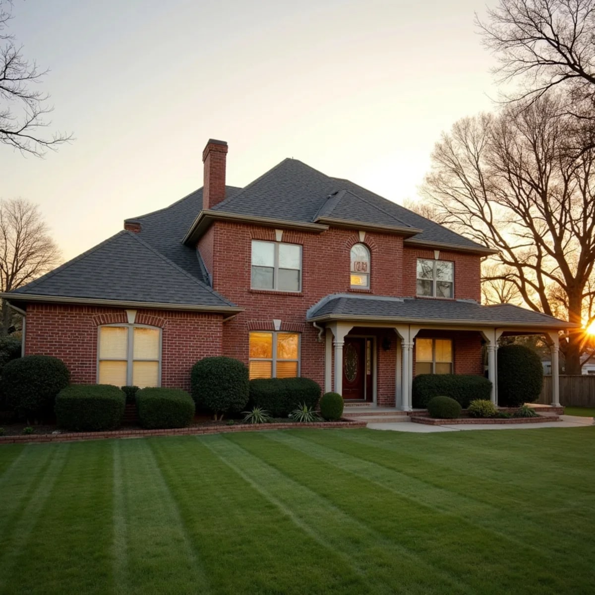 Newly installed architectural shingle roof on a Fort Worth, TX home at golden hour