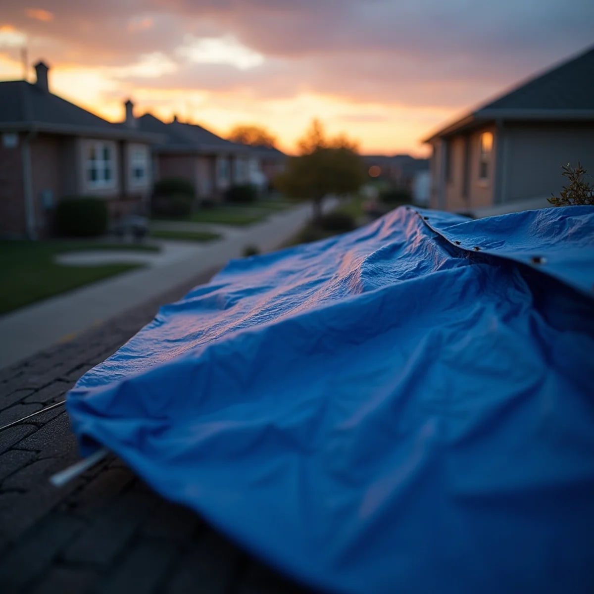 Emergency roof tarping at dusk after Texas storm damage