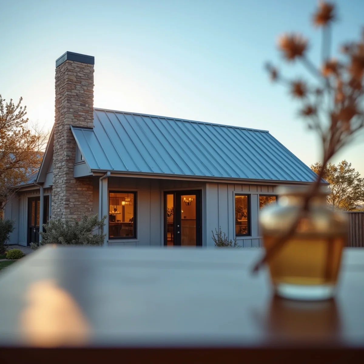 Standing seam metal roof on a modern Texas farmhouse