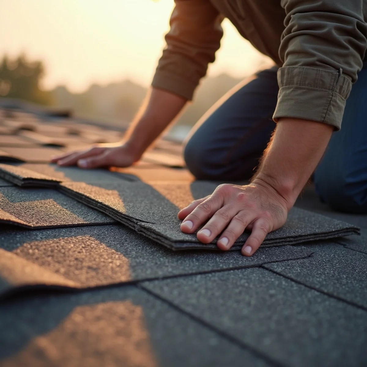 Roofer replacing damaged asphalt shingles during a roof repair in Fort Worth