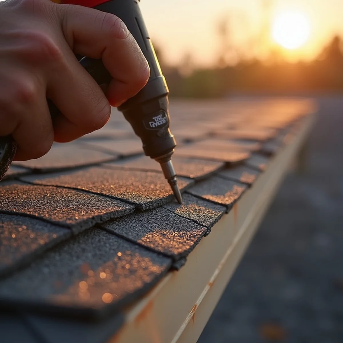 Close-up of premium architectural asphalt shingles being installed