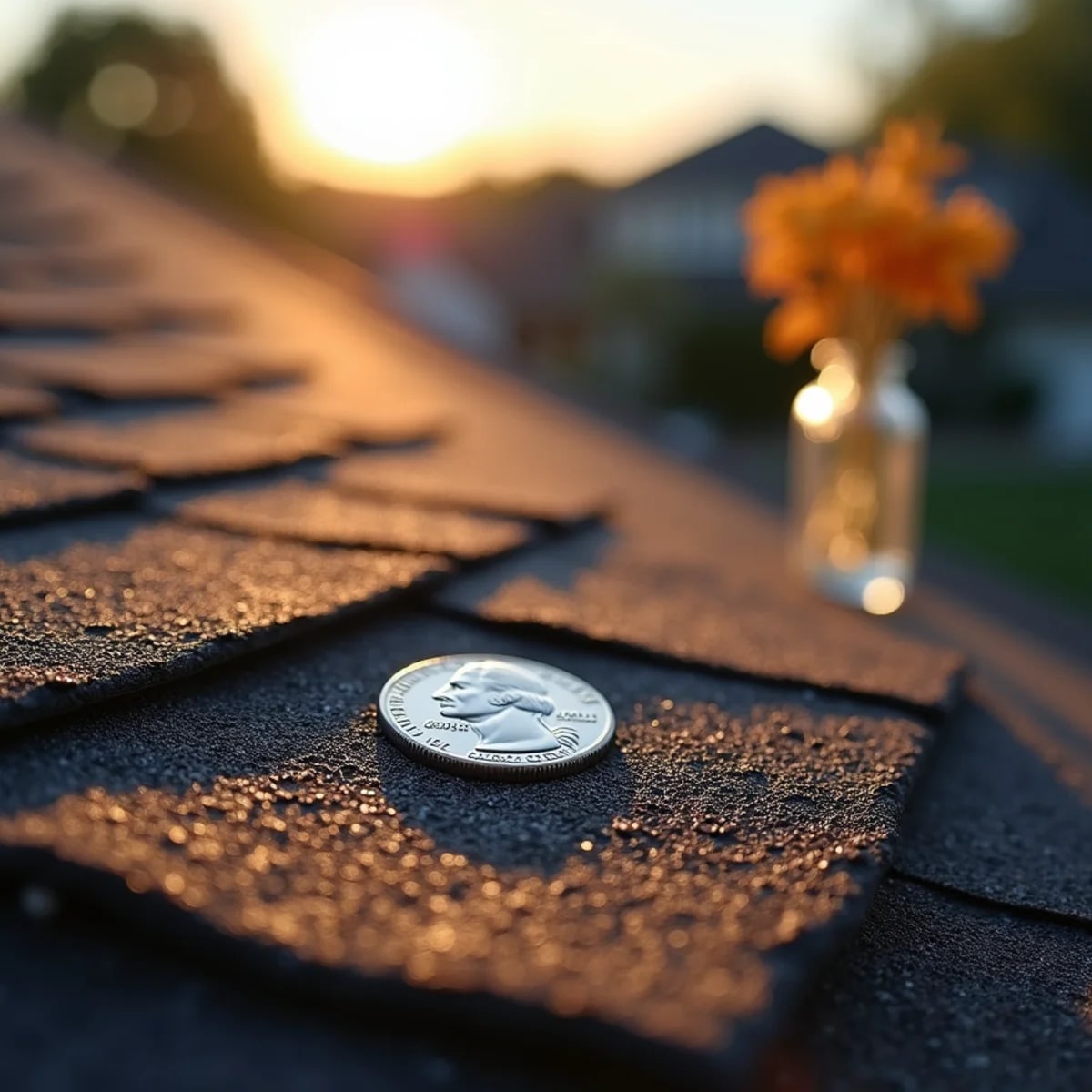 Hail damaged asphalt shingles with granule loss close-up, Texas storm damage